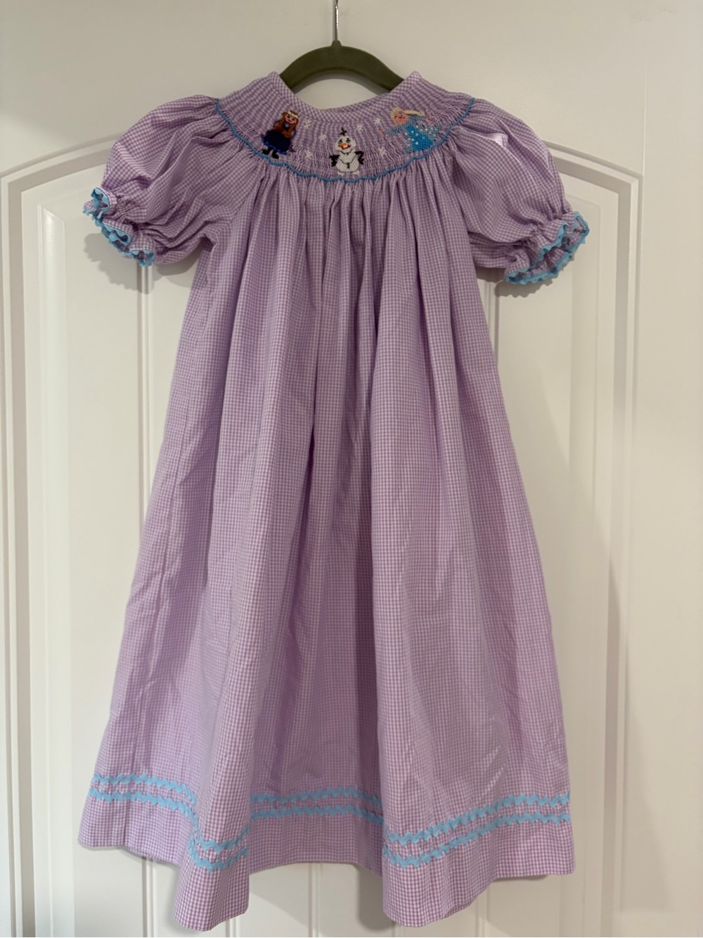 Lavender Smocked Princess Puff-Sleeve Dress with Blue Trim